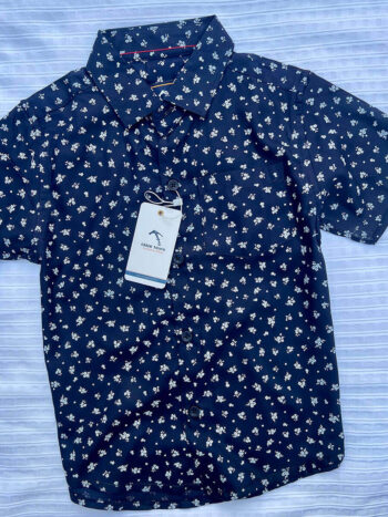 Navy Blue white Flower Rayon Printed Shirt