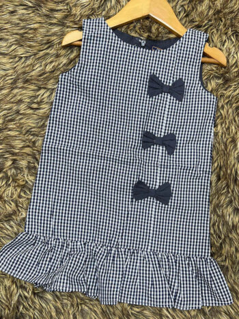 Navy Blue Small Checked 3 Bow Frock