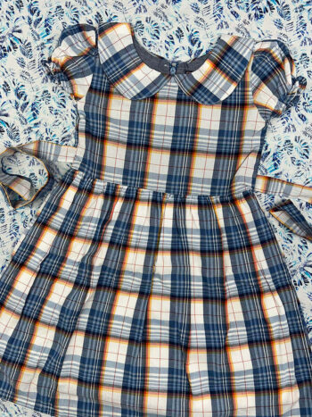 Beige Blue Checked Peter Pan Collar Frock