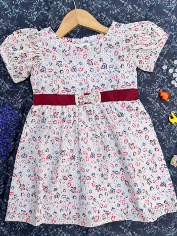 Marron&Navyblue leaf printed Puff Sleeve Frock