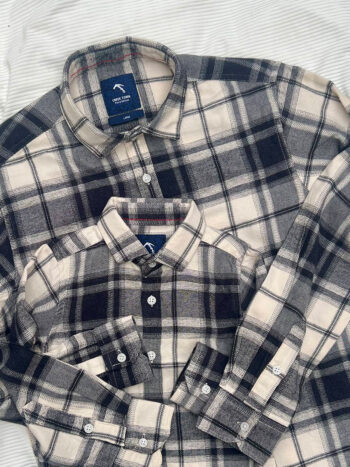 Cream and navy blue tartan plaid flannel shirt