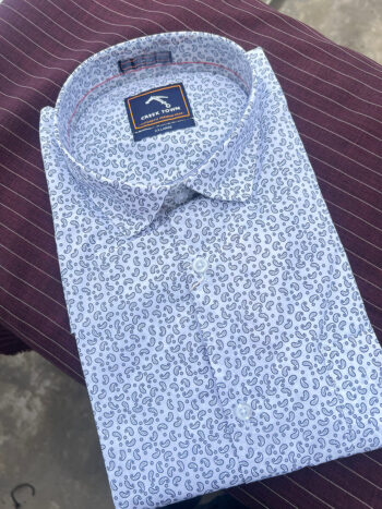 White base blue paisley motif